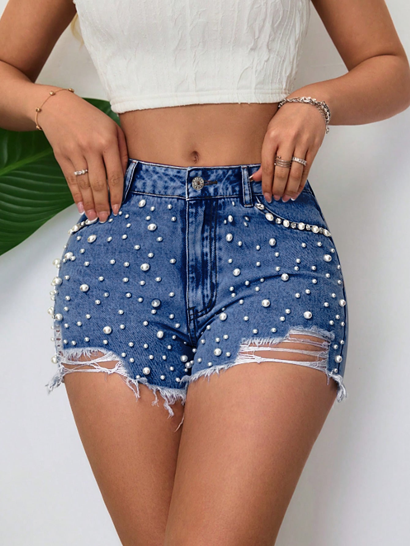 Belted Pearl Embellished Denim Shorts for Women | noémi