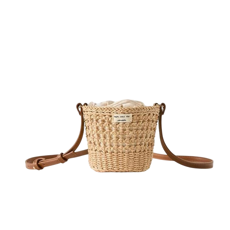 Straw Bucket Crossbody Bag – Hollow-Out Weave, Natural | noémi