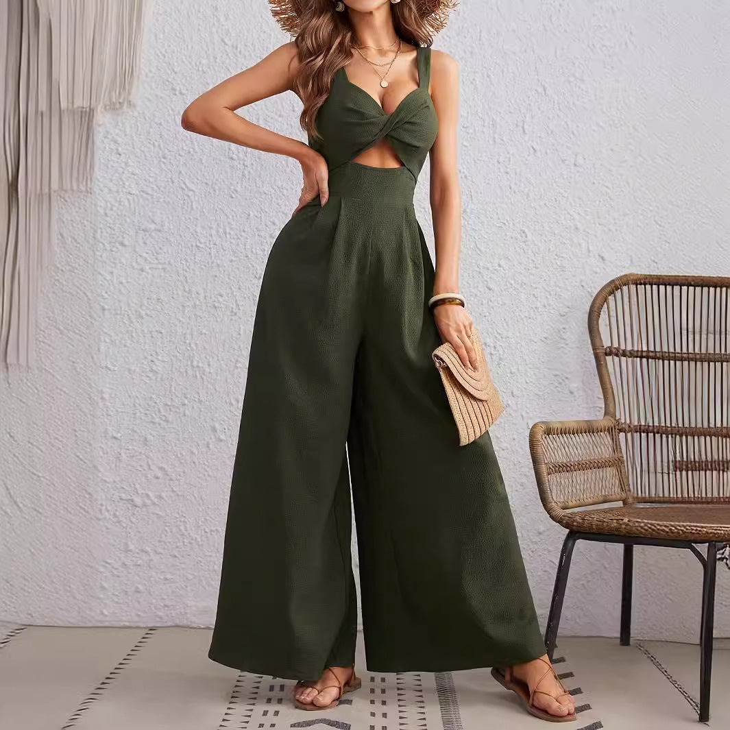 Olive Green Wide Leg Cutout Jumpsuit | Sleeveless Summer Sling Style | noémi