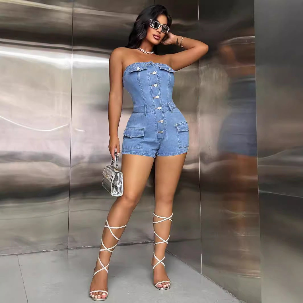 Womens Strapless Denim Romper | Button Front, Fitted Waist, Pocket Detail | noémi