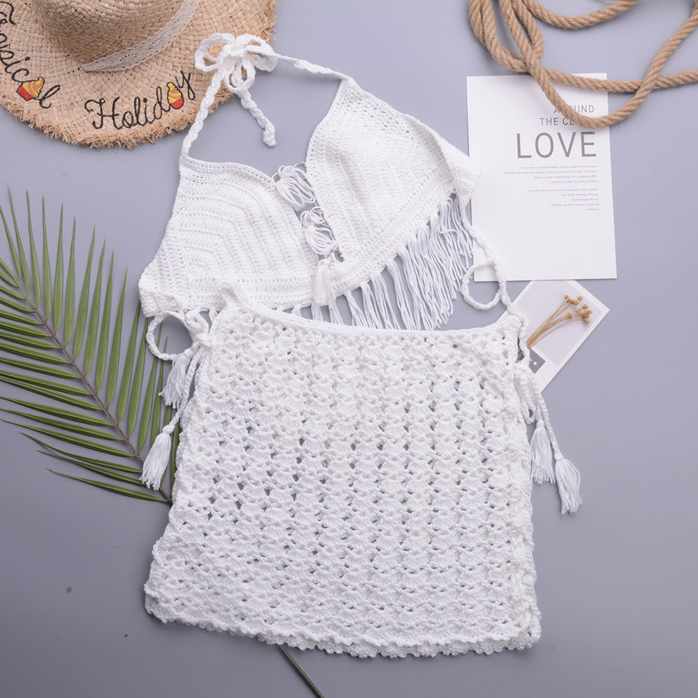 Retro Crochet Split Swimsuit with Halter Tassel Strap and A Line Beach Skirt Set | noémi