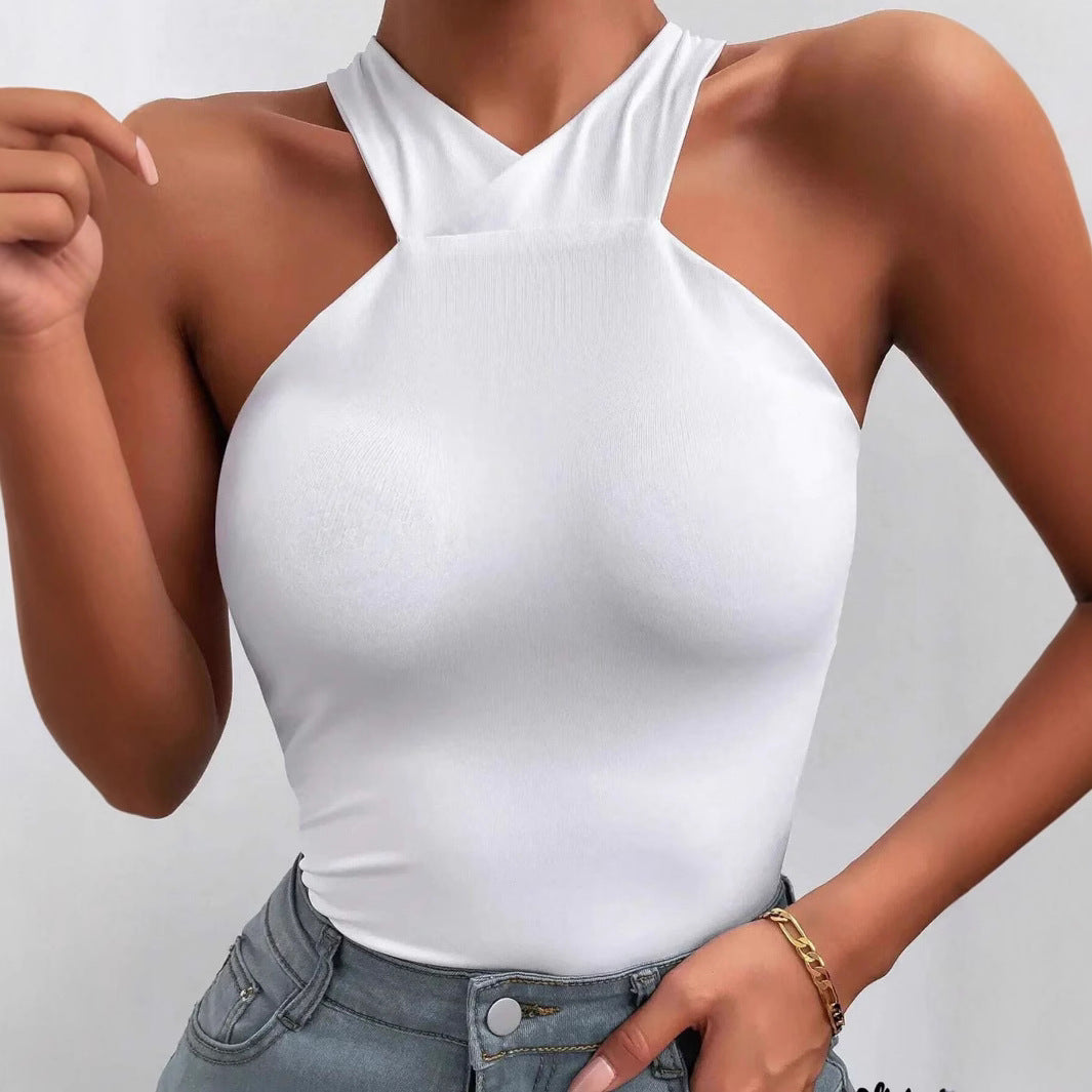 Women's White Cross Halter Backless Sleeveless Top | noémi