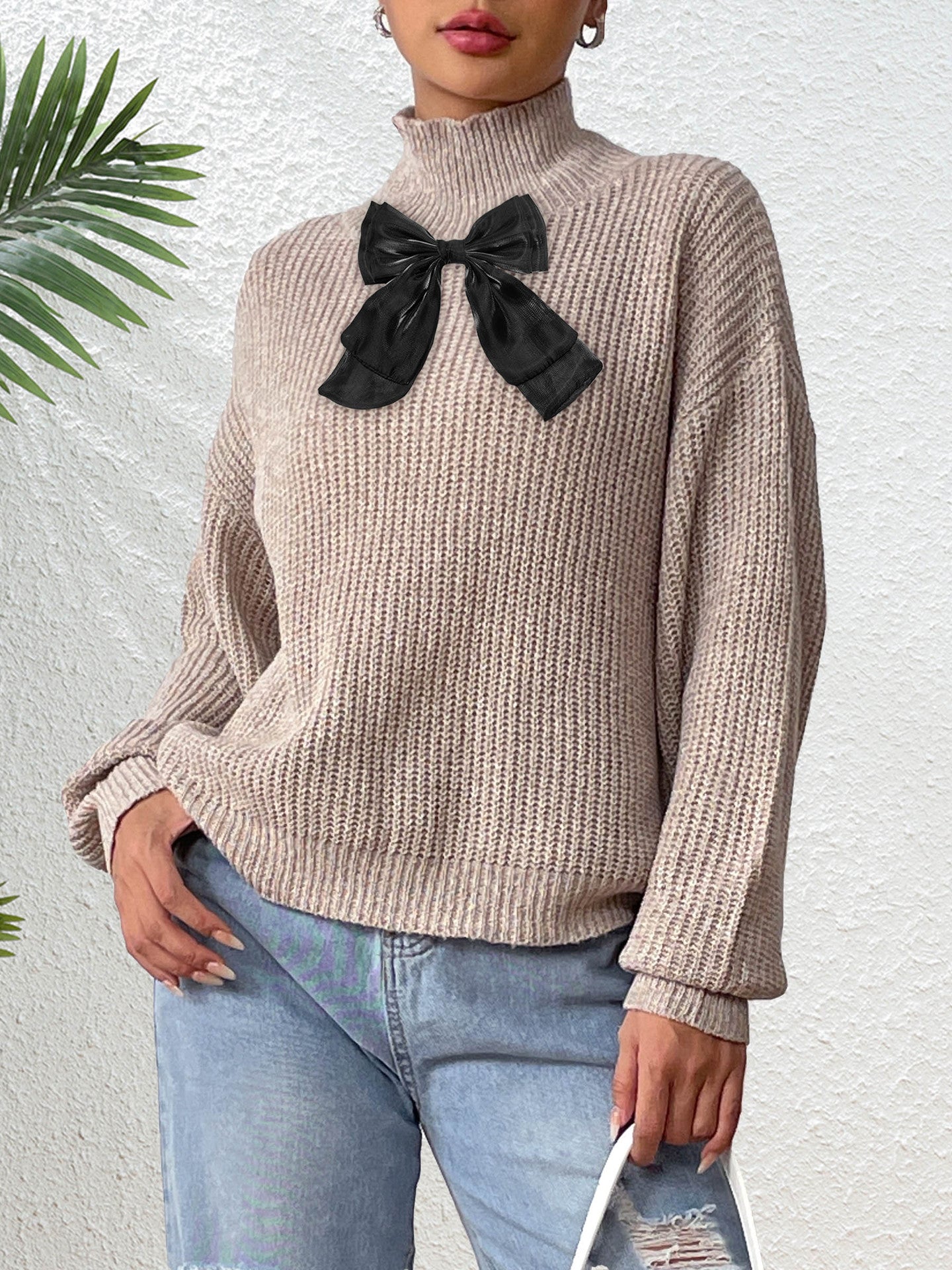 Womens Knit Turtleneck Sweater | Beige Pullover with Black Velvet Bow | noémi