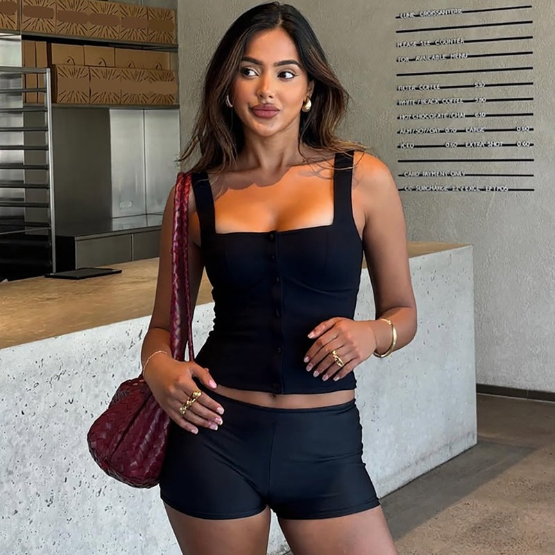 Women's Corset Top | Cinched Waist Vest with Button Front & Wide Straps | noémi