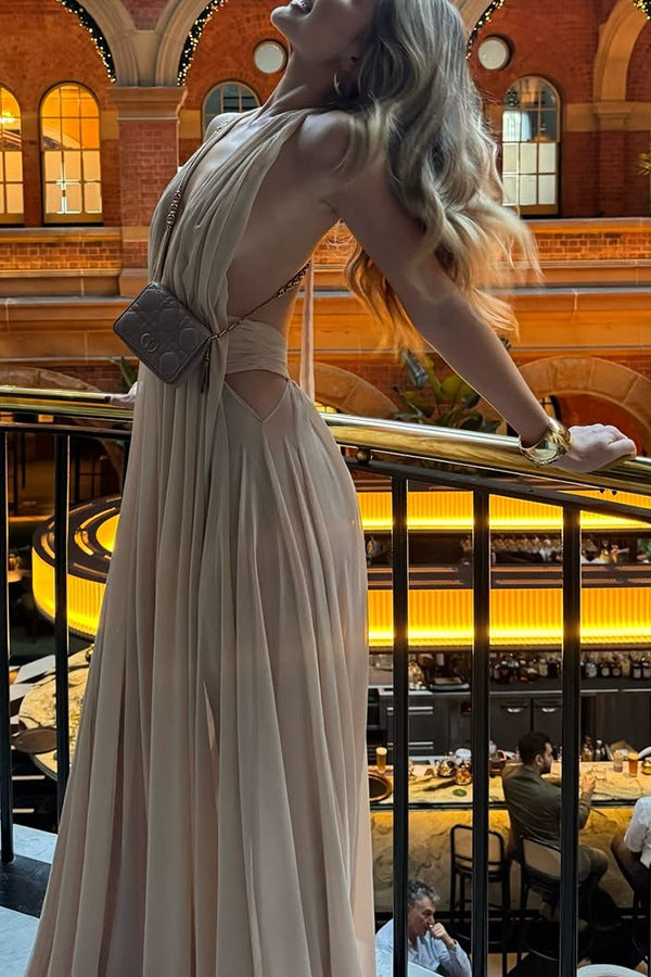 Summer Deep V Neck, Pleated Halter, Backless | Long Formal Gown | noémi