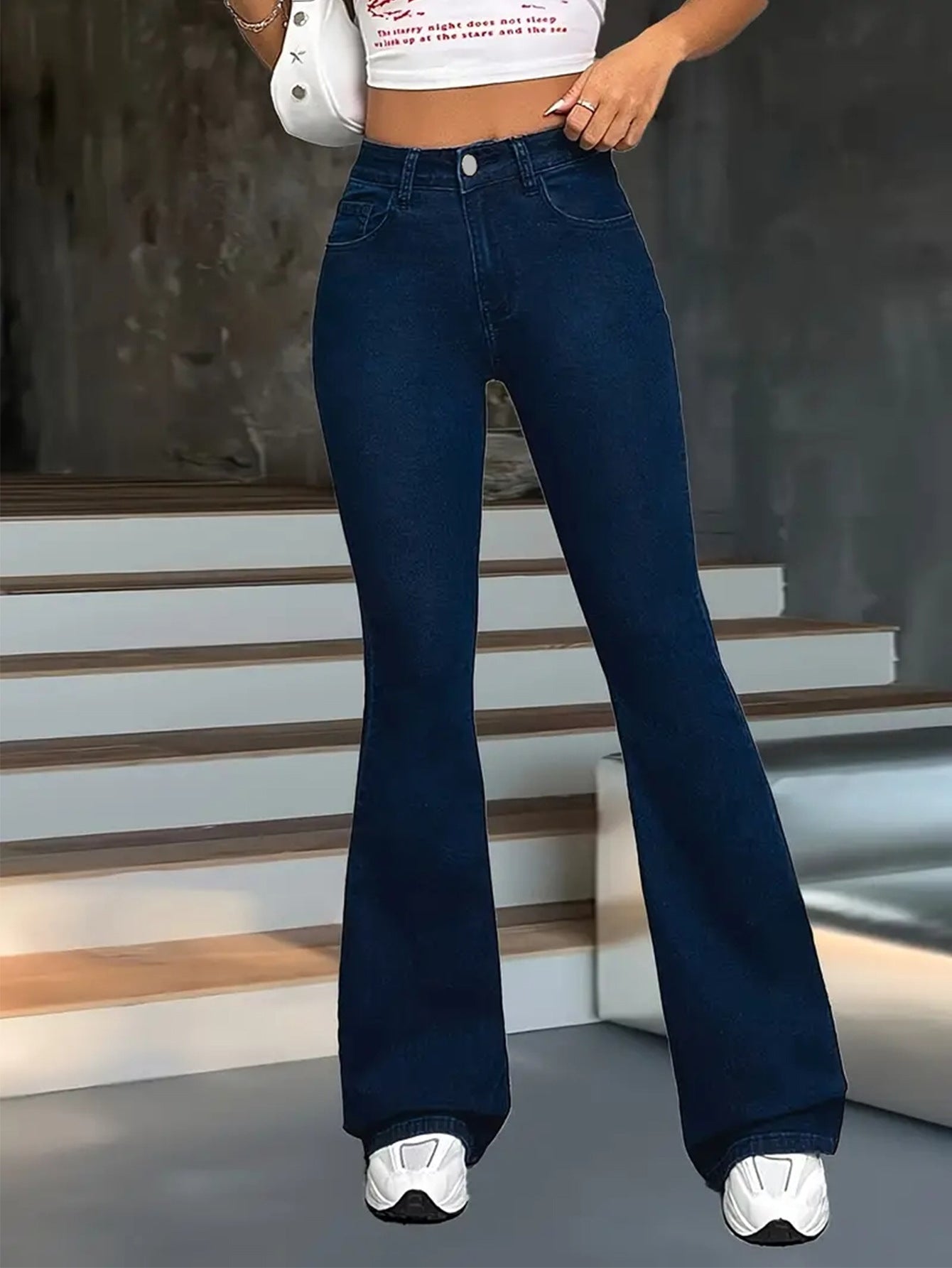 Women's Dark Blue Slim Flared Jeans | Stretchy, High Waist | noémi