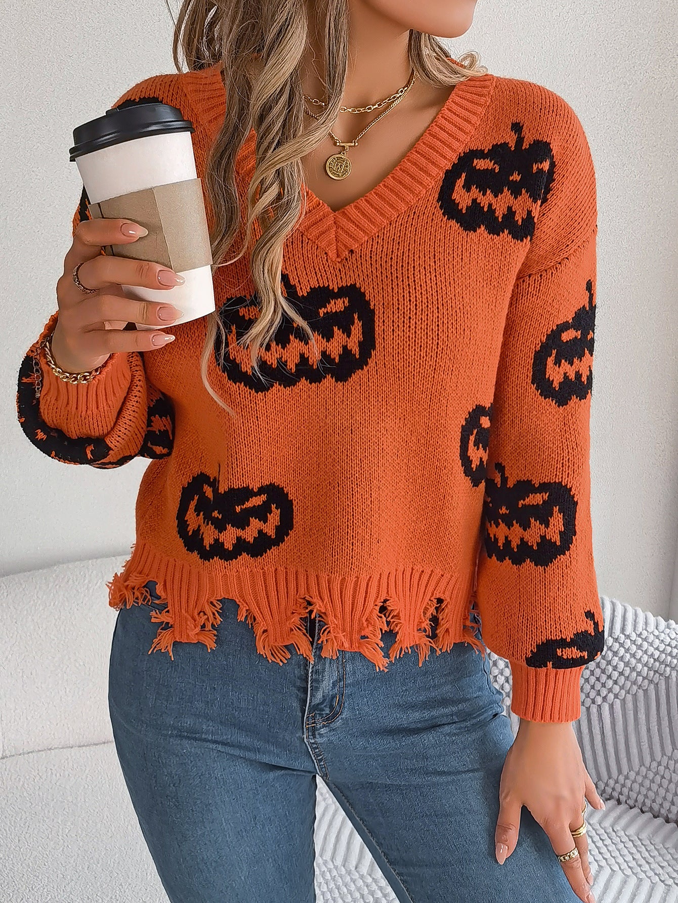 Halloween Pumpkin Sweater for Women | Cut Out Pullover with Distressed Hem | noémi