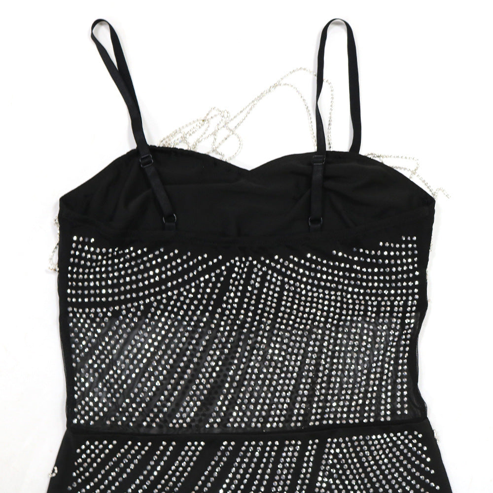 Mesh Panel Milk Silk Dress with Chain Straps and Rhinestone Detail | noémi