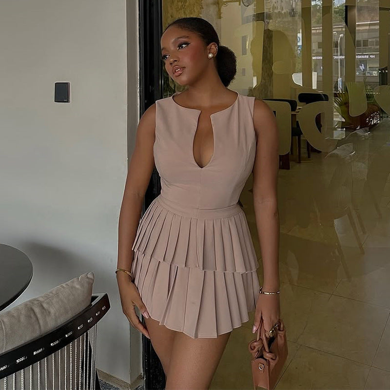 VNeck A Line Mini Dress | High Waist, Pleated, Fit | noémi