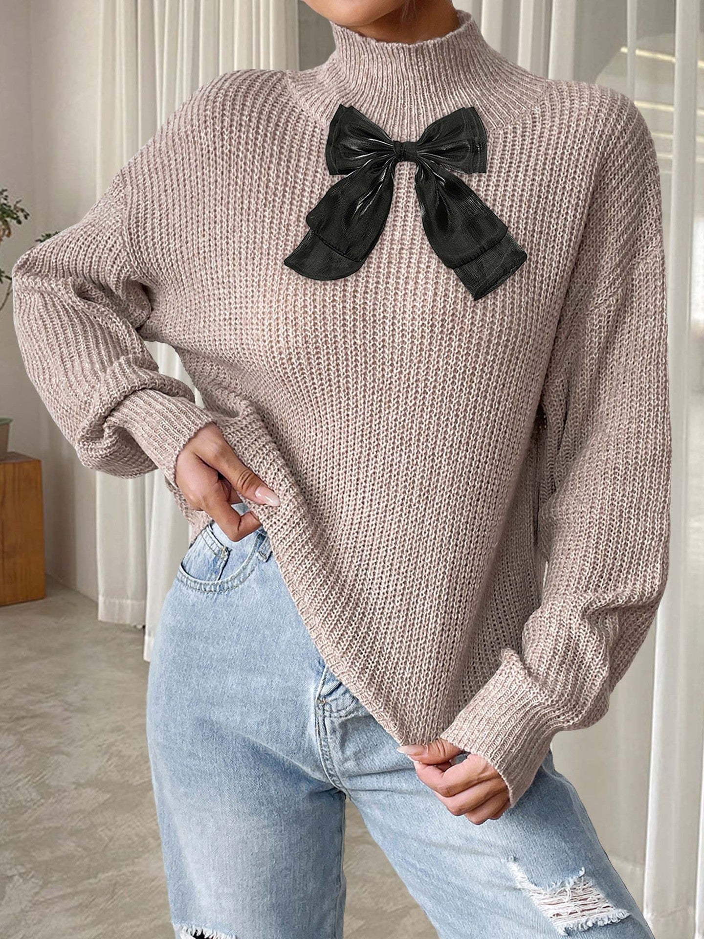 Womens Knit Turtleneck Sweater | Beige Pullover with Black Velvet Bow | noémi
