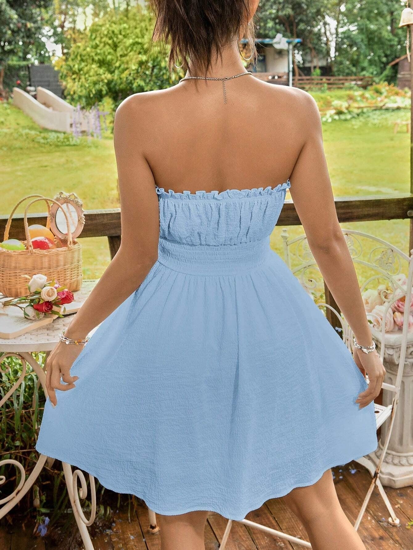 Womens Light Blue Strapless Sundress | Smocked Mini Dress with Flowy Skirt | noémi