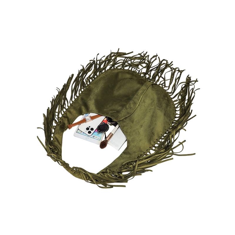 Light Brown Suede Tassel Crescent Tote – Large Capacity Dumpling Shoulder Bag | noémi