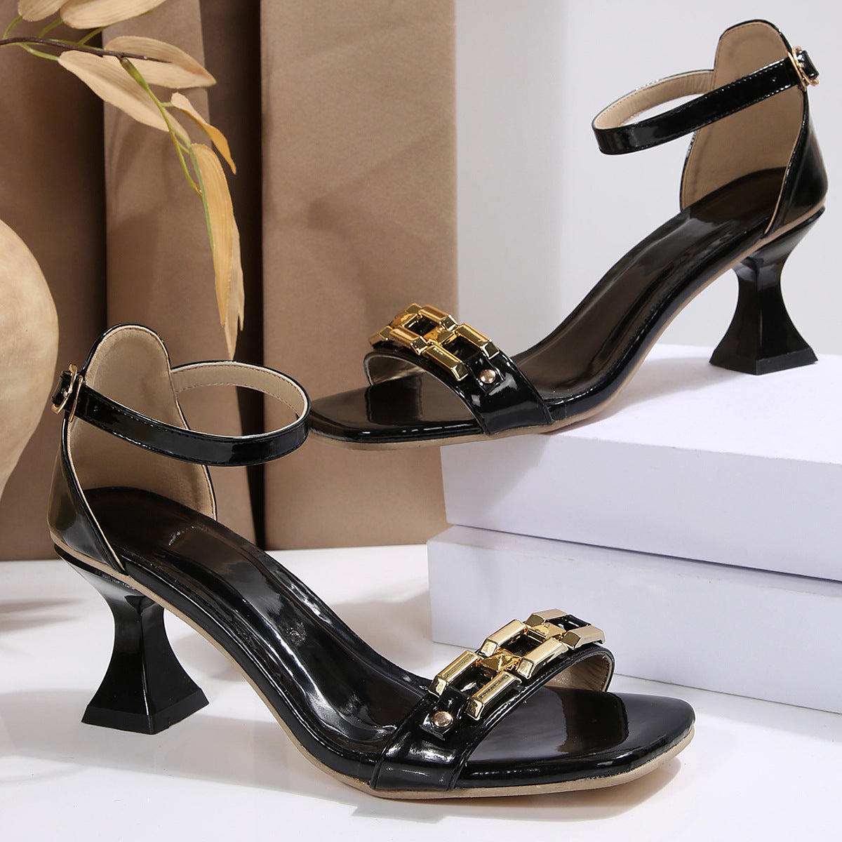 Plus Size Gold Chain Strap Heeled Sandals | Square Toe | Mid Heels for Women | noémi