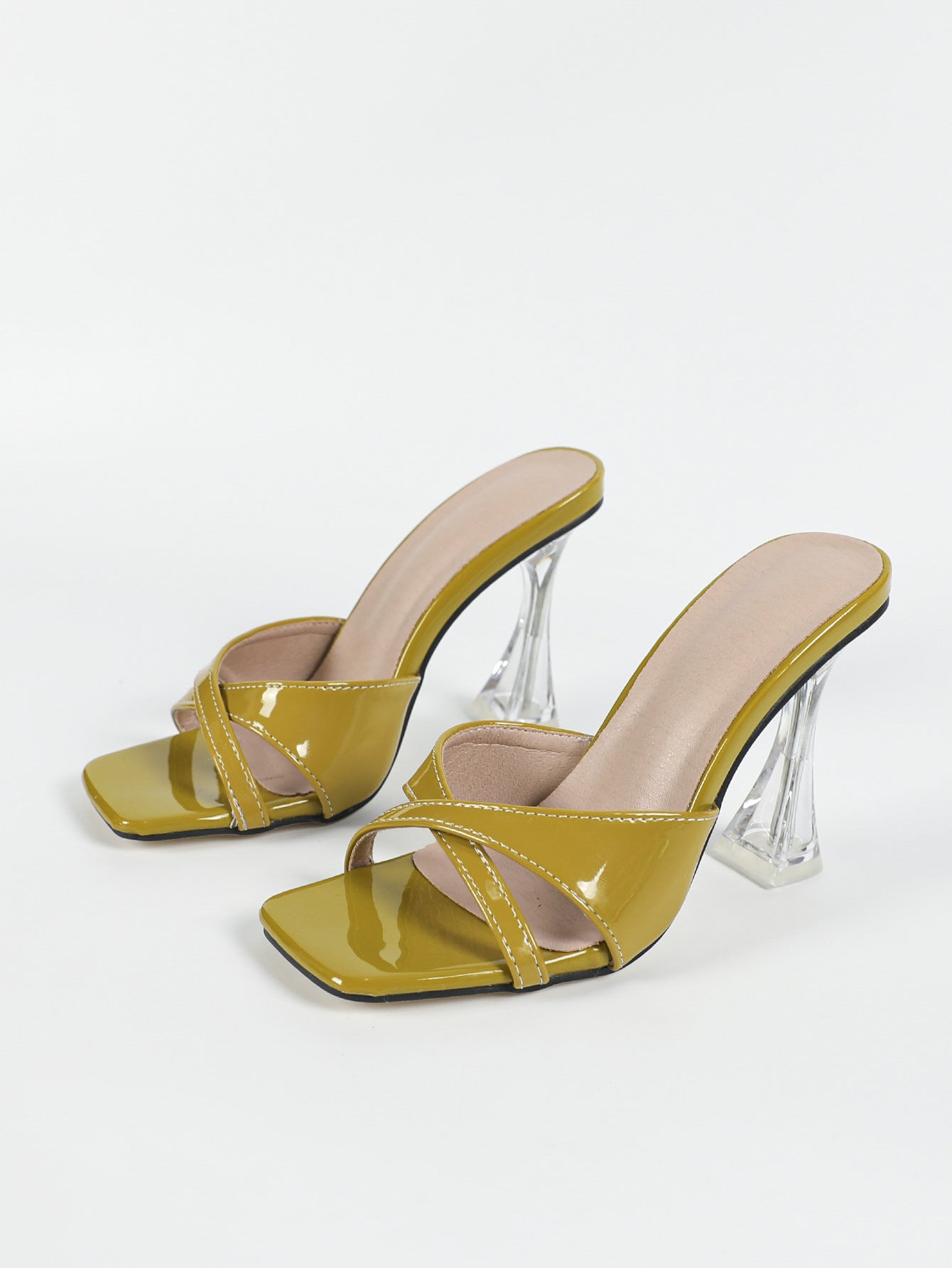 High Heels Open Toe Square Toe Slippers with Transparent Crystal Heel | noémi