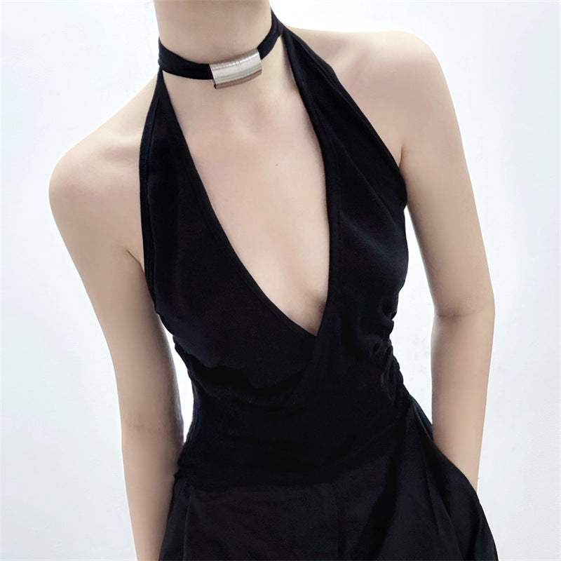 Keyhole Halter Crop Top | Black Tie Back Top with Metal Choker Detail | noémi