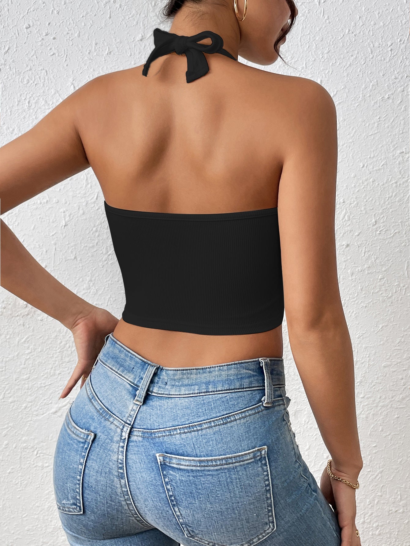 Black Ribbed Halter Neck Crop Top | High Neck Minimalist Knit Tank | Sleek & Stretchy | noémi