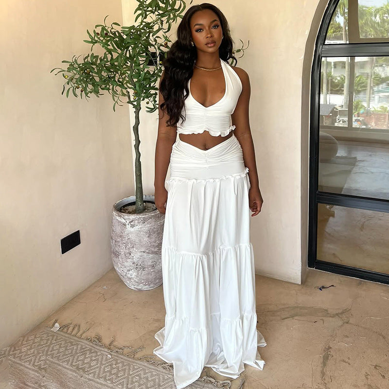 Women’s Two Piece Summer Set | Lace Halterneck Crop Top & Tiered Maxi Skirt | noémi