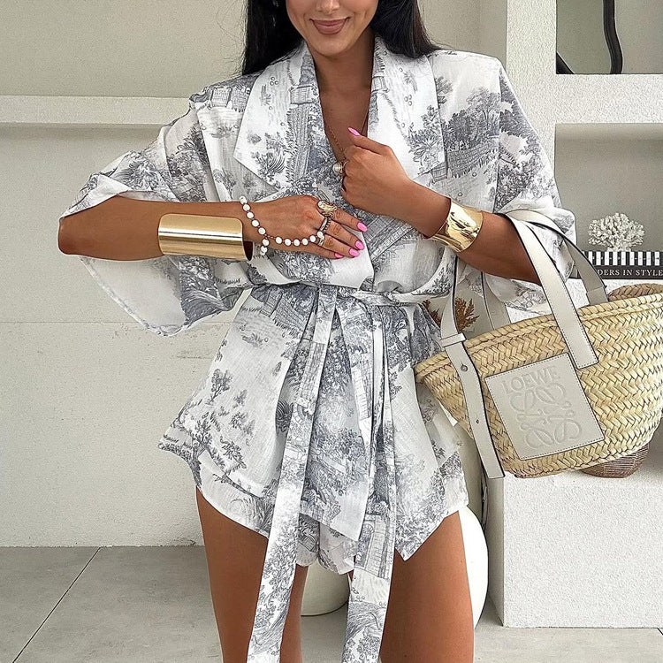 Two Piece Set | Womens Printed Polo Collar Top & Shorts with Lace Up Detail | noémi