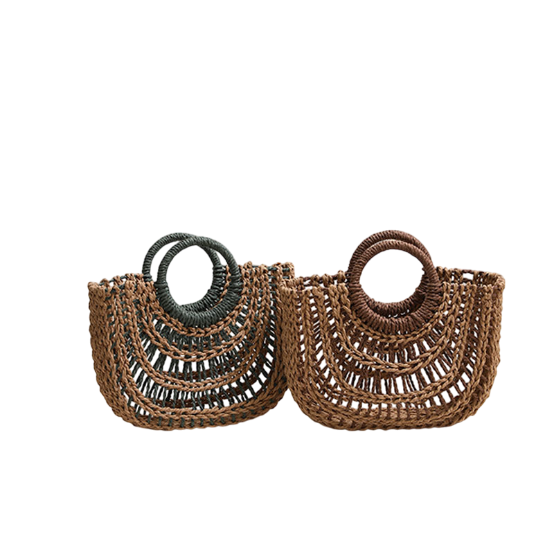 Straw Half-Moon Tote Bag – Hollow-Out Weave, Round Handle, Natural/Coffee | noémi