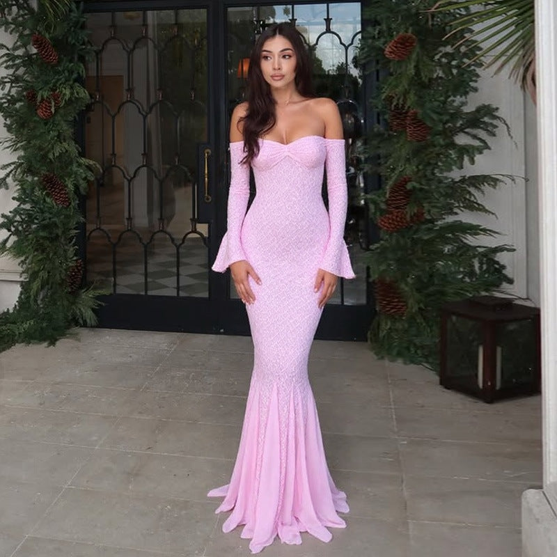 Off Shoulder Pink Lace Gown | Mermaid Maxi Dress | noémi
