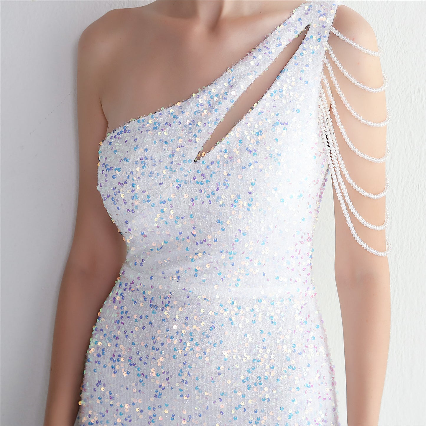 Sequin Fishtail Gown with Beaded Shoulder | One Shoulder Dress | noémi