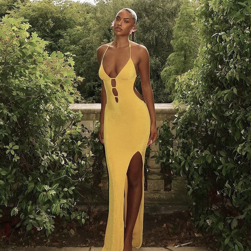 Womens Dress | Hollow Out Cutout | Backless VNeck Slim Fit Halter Maxi Dress | noémi