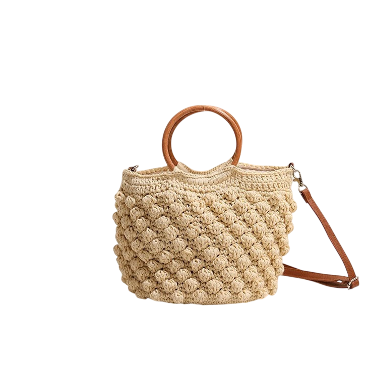 Wooden-Ring Straw Crossbody Bag – Boho Woven, Natural Brown | noémi