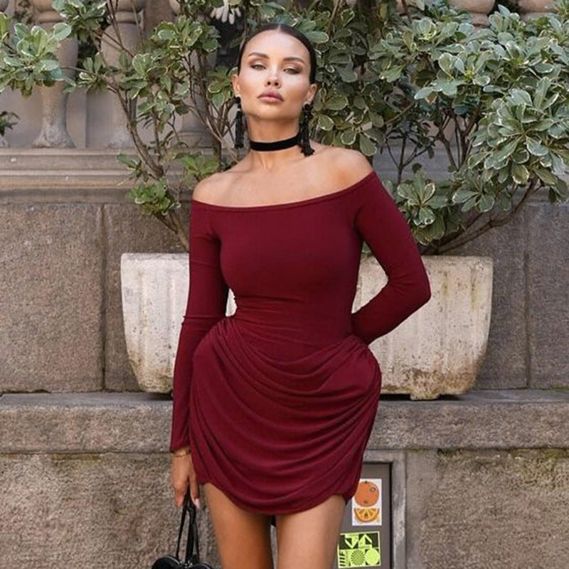 Women Off Shoulder Long Sleeve Dress with High Waist and Short Hem | noémi