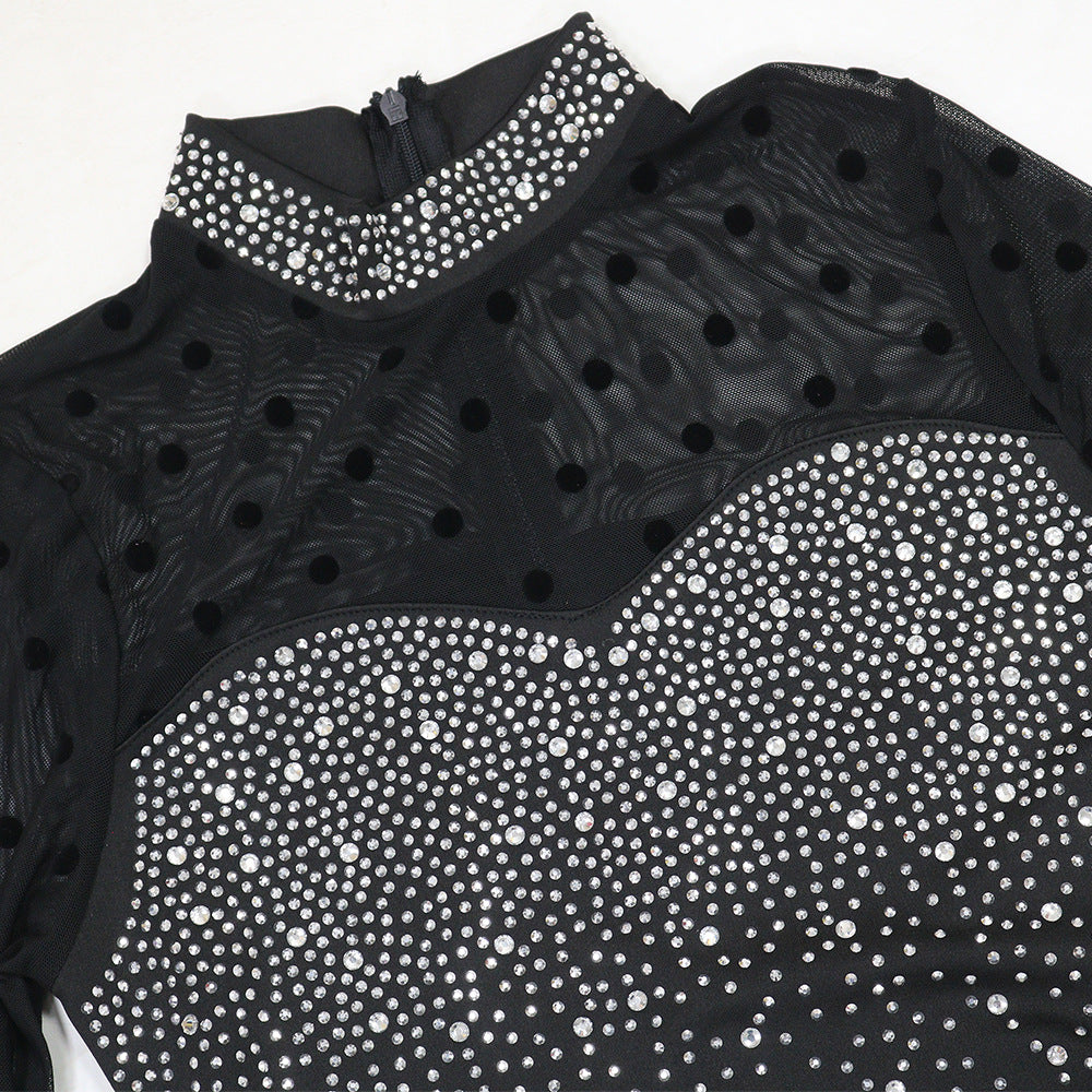 Mesh Long Sleeve Patchwork Dress | Slim Fit, Waist Enhancing, High Slit Formal Gown for Women | noémi