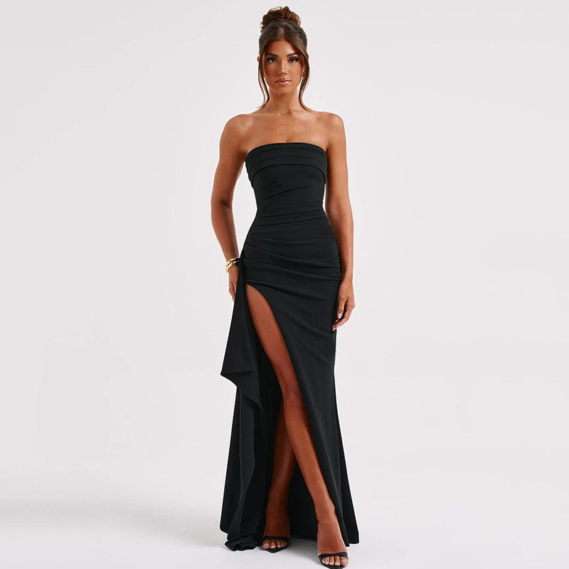 Off Neck Tube Top Maxi Dress with Backless Design and High Slit | noémi