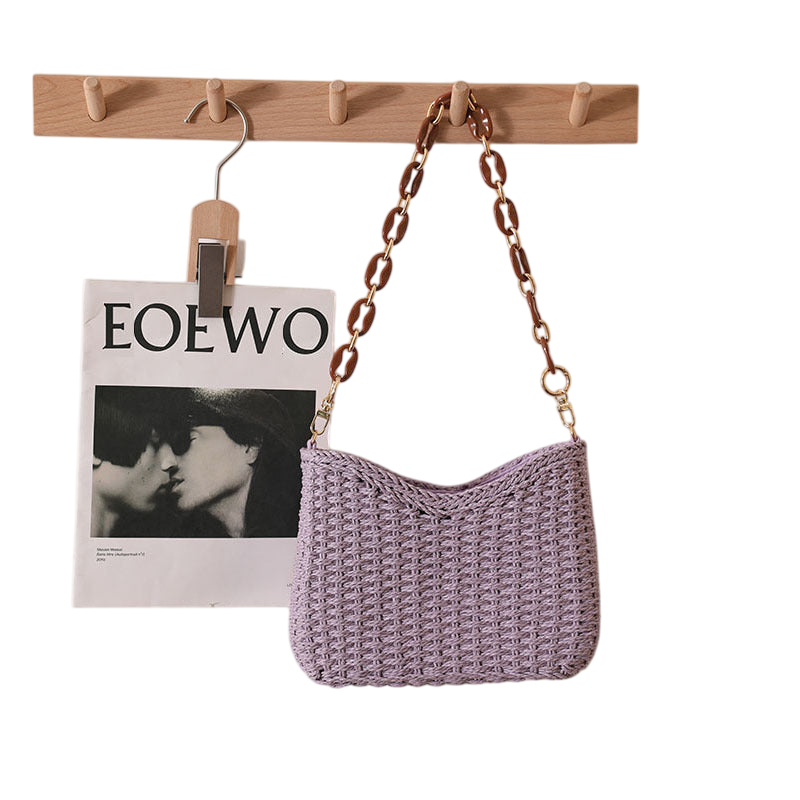 Purple Straw Shoulder Tote Bag – Woven Beach Carryall, Large Capacity | noémi