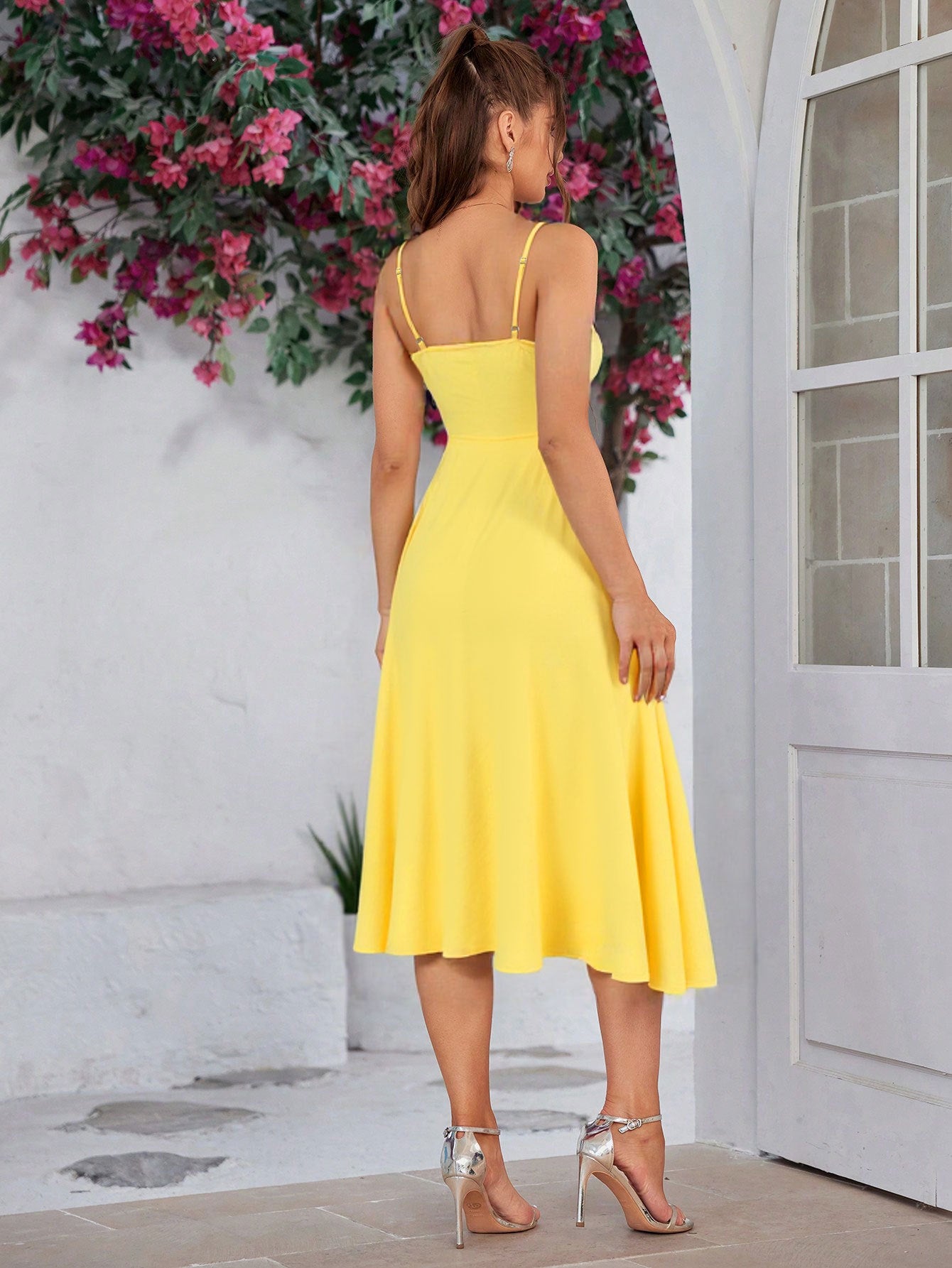 Yellow Slit Maxi Dress | Slim Fit, Neckline, Spaghetti Straps | High Waist Sundress | noémi