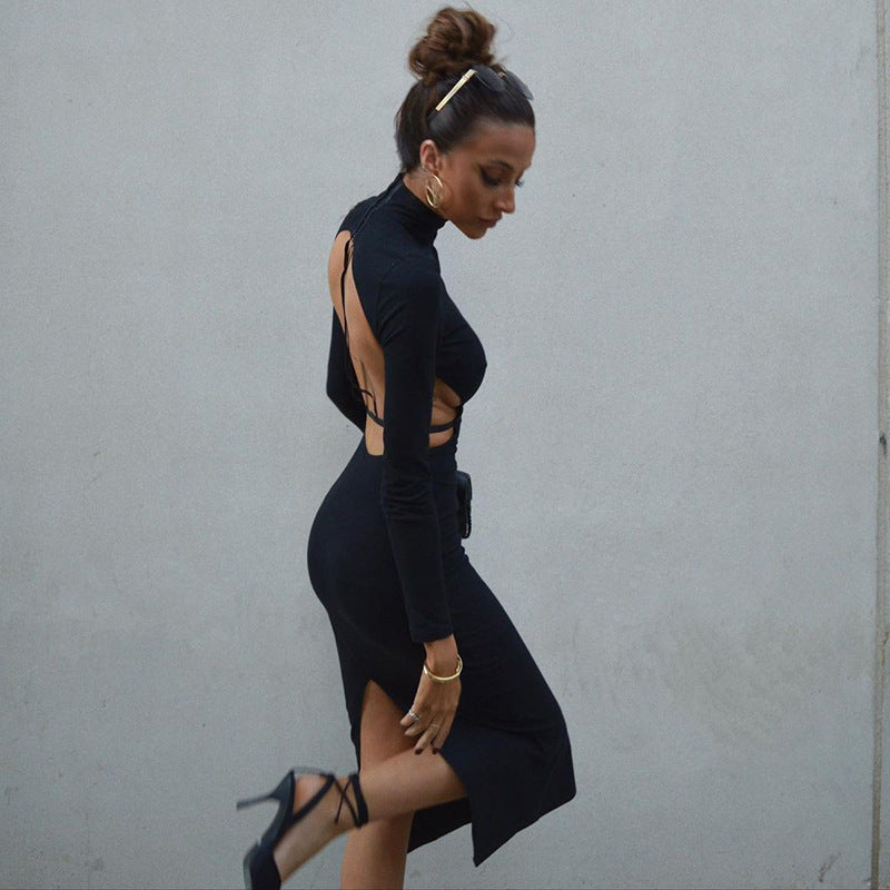 Backless Turtleneck Long Sleeve Bodycon Dress | noémi