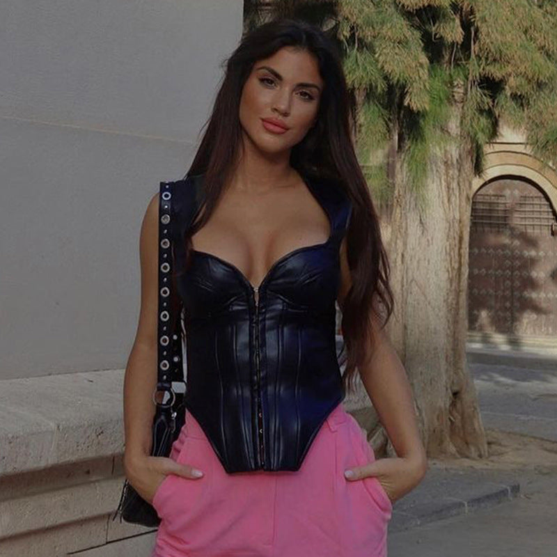 Womens Faux Leather Sleeveless Corset Vest | noémi