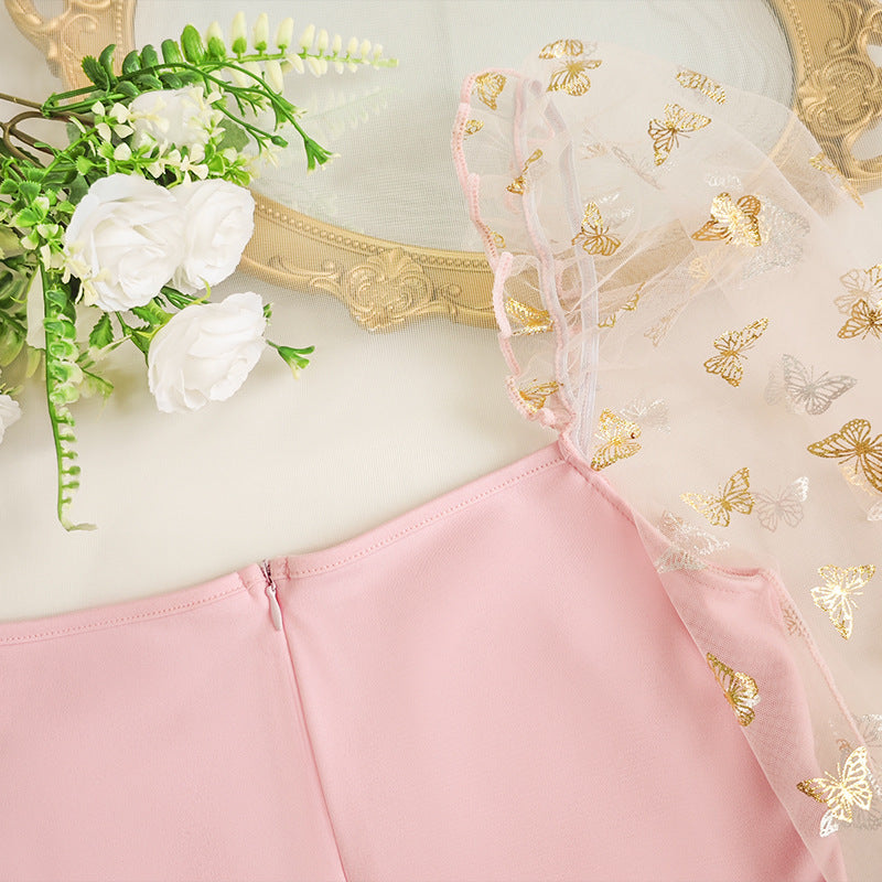 Mesh Puff Sleeve Dress with Slim Fit and Sheer Detail | noémi