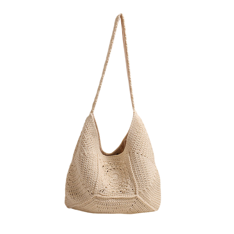 Cotton-Woven Shoulder Tote Bag – Large-Capacity Hollow-Out Floral, Brown | noémi