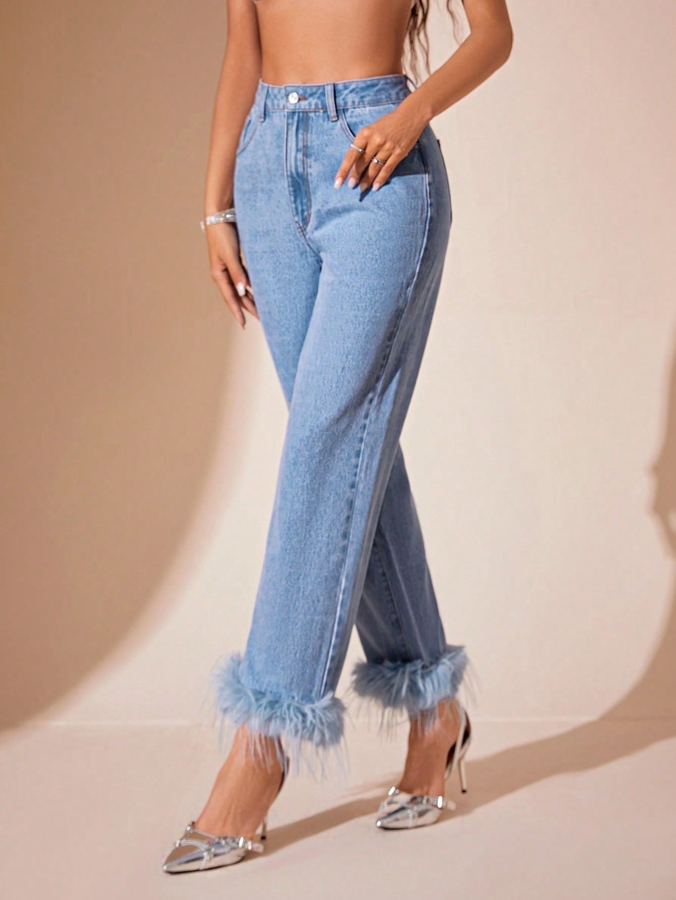 Feather Hem Straight Leg Jeans | High Waisted Blue Denim with Luxe Trim | noémi