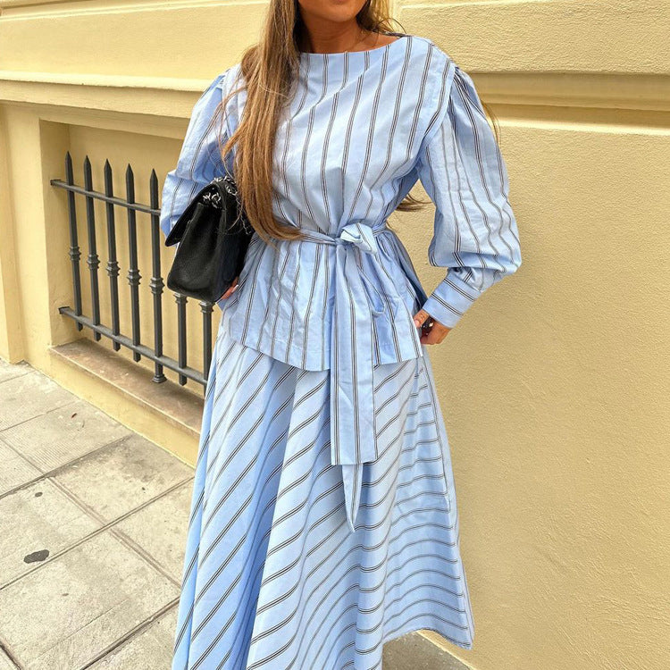 Womens Striped Two Piece Skirt Set | Long Sleeve Round Neck Pullover Top with Tie Waist | noémi