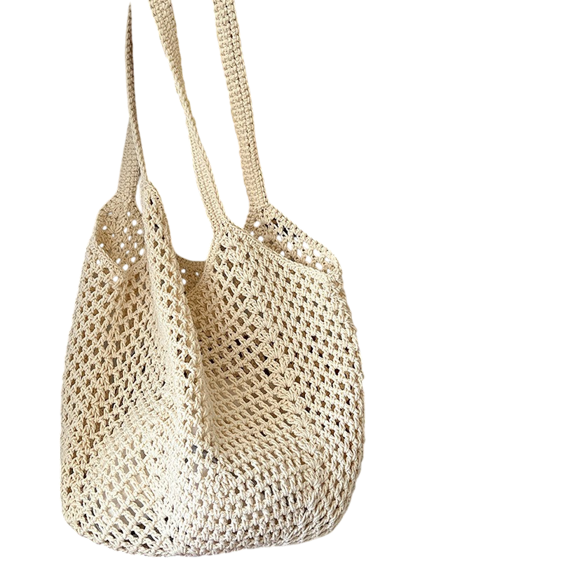 Cotton-Thread Woven Shoulder Tote Bag – Hollow-Out Large Capacity, Rose Red | noémi