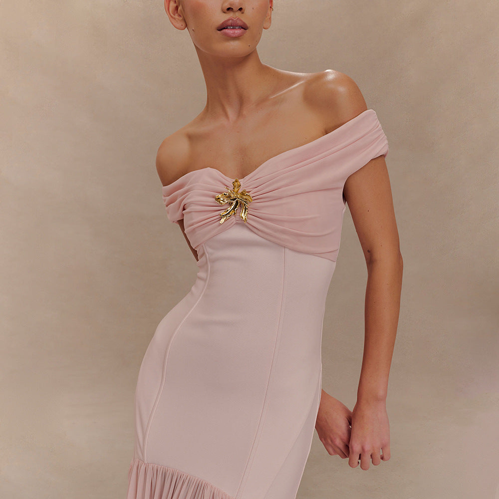 Off Shoulder Tube Top Maxi Dress | Mesh Stitching & Pleated Backless Design | noémi