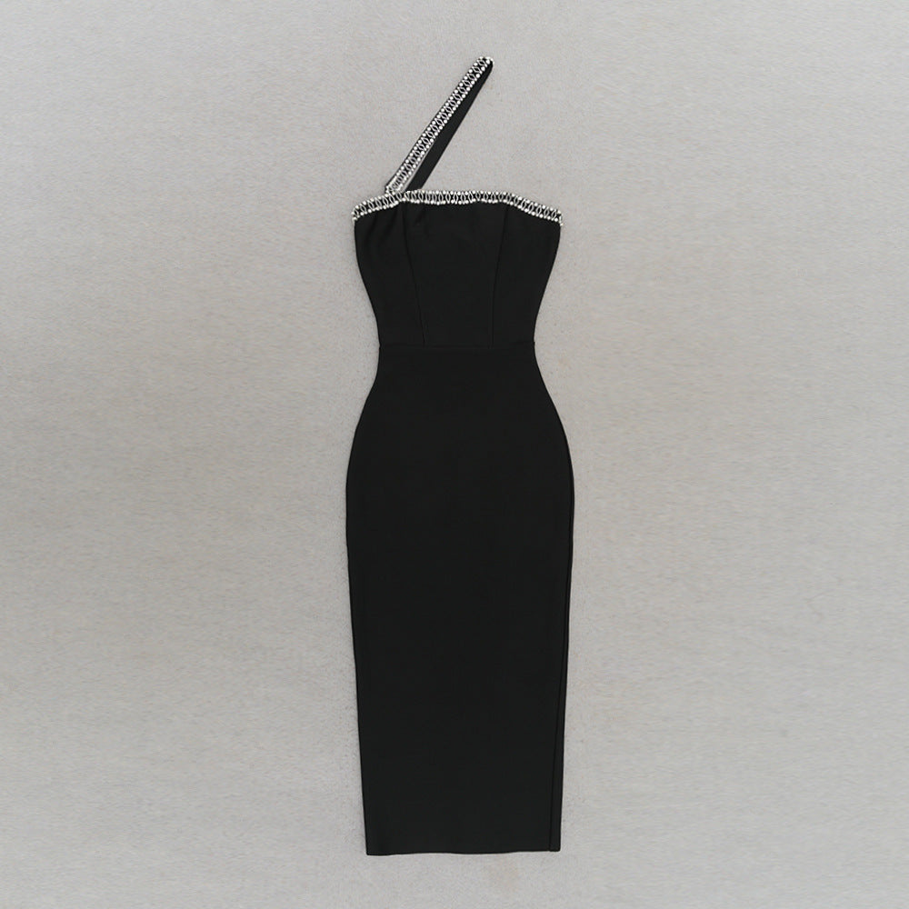 Chain Strap One Shoulder Mid Length Bodycon Dress | noémi