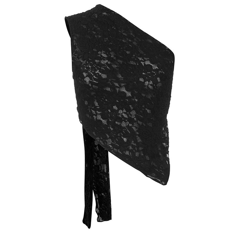Lace Crop Top | One Shoulder Black Sheer Wrap Tank | noémi