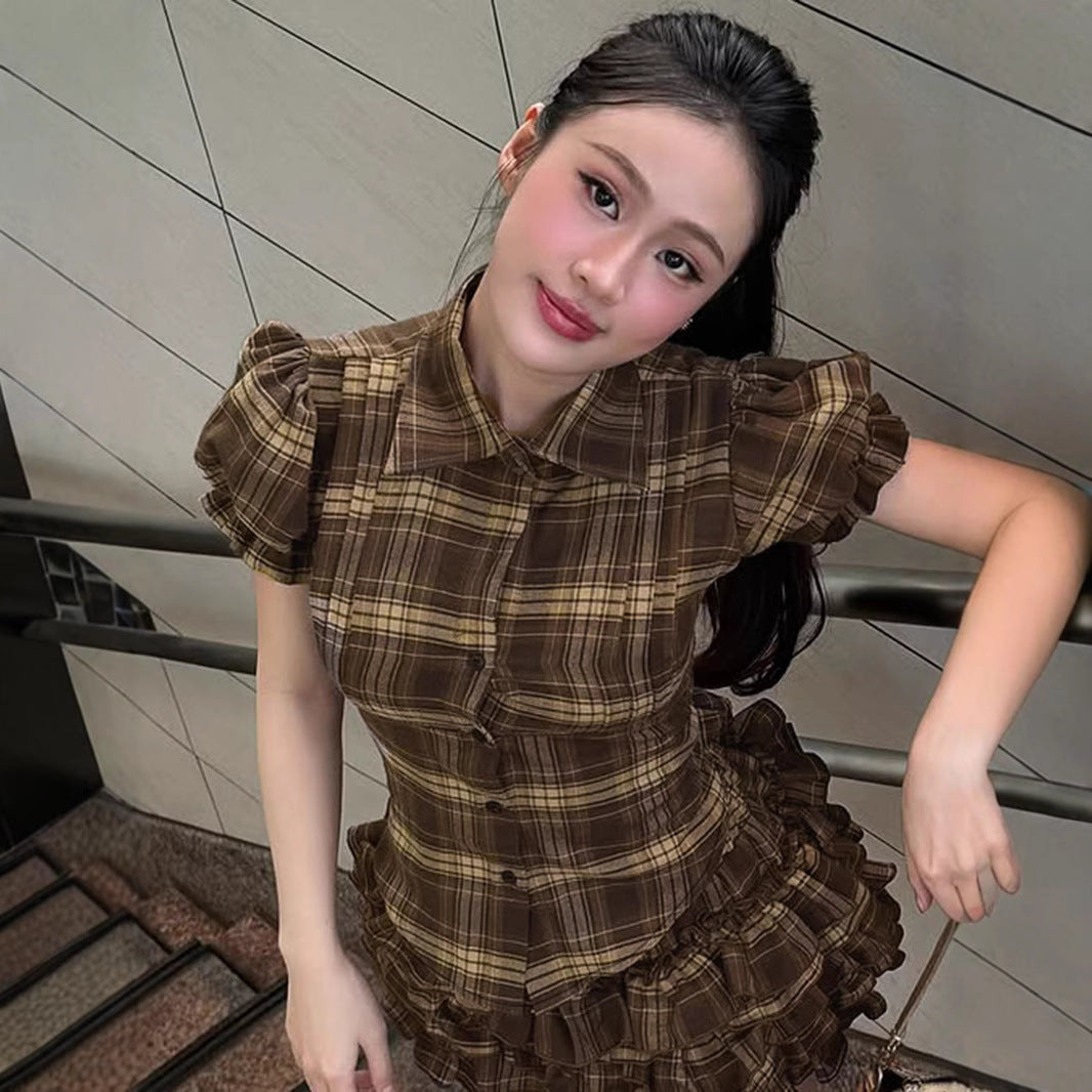 Plaid Puff Sleeve Blouse & Ruffle Mini Skirt Set | Brown Checkered Two Piece Outfit | noémi
