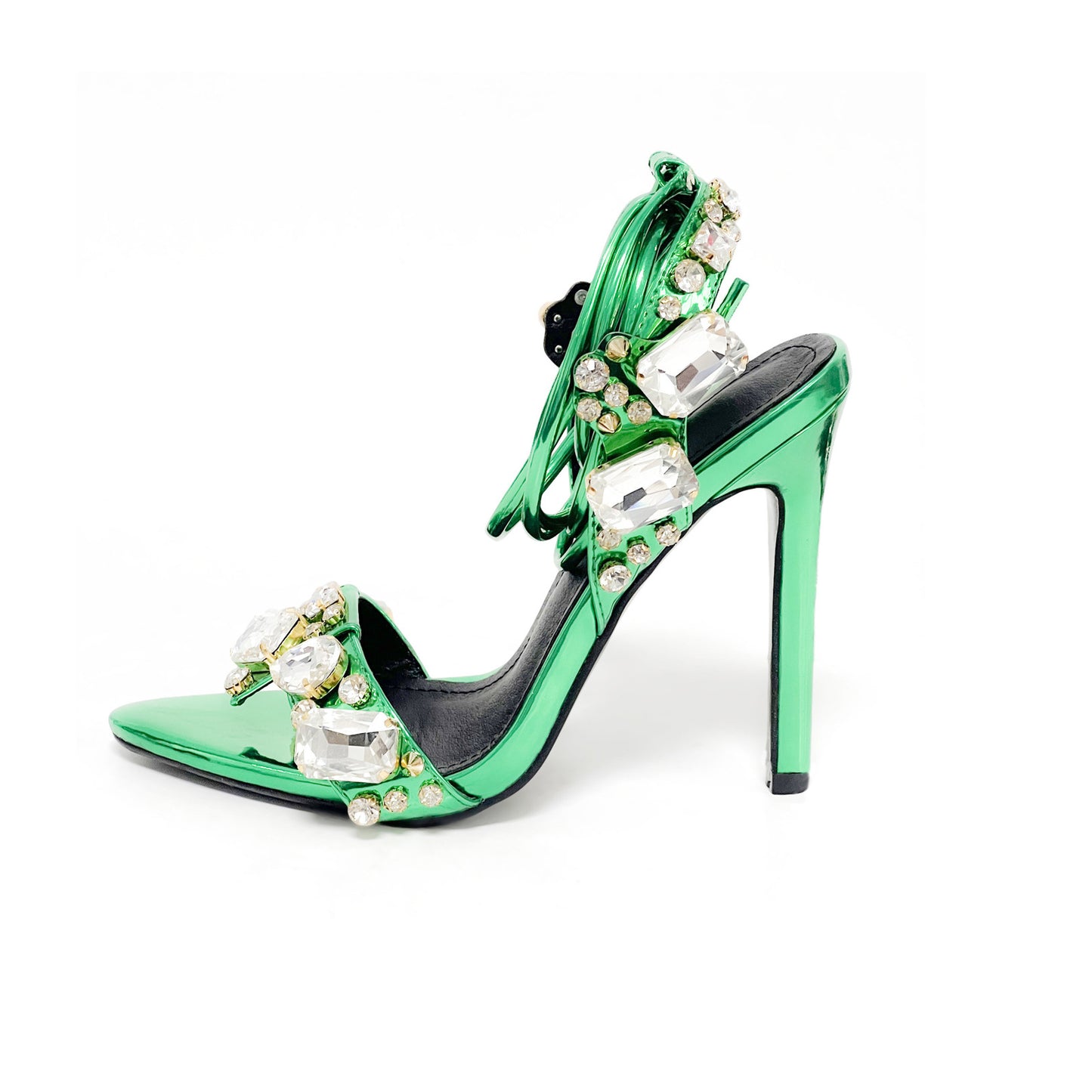 Crystal Embellished Metallic Heels | 11cm Rhinestone Lace Up High Heels | Pointed & Open Toe Sandals | noémi