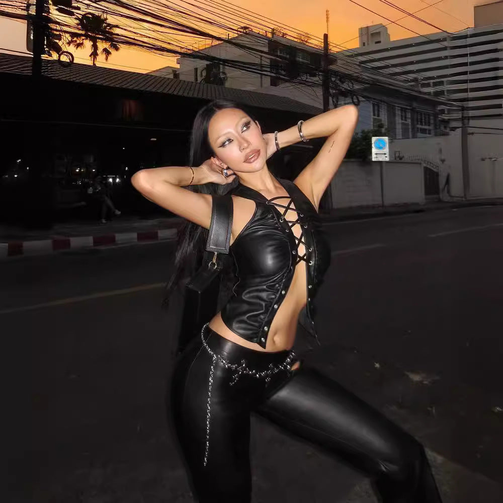 Womens Faux Leather Lace Up Sleeveless Vest Top in Solid Color | noémi