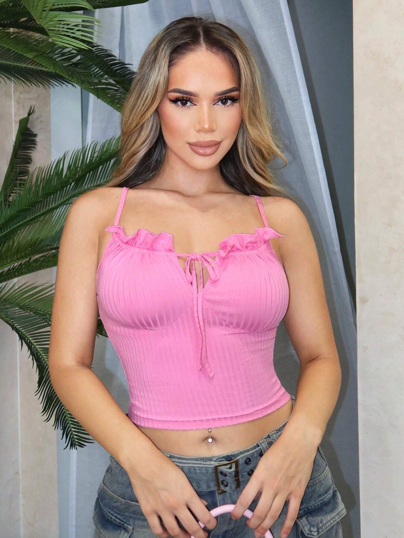 Women's Pink Ruffled Tie Front Ribbed Crop Top | Summer Casual Tank | noémi