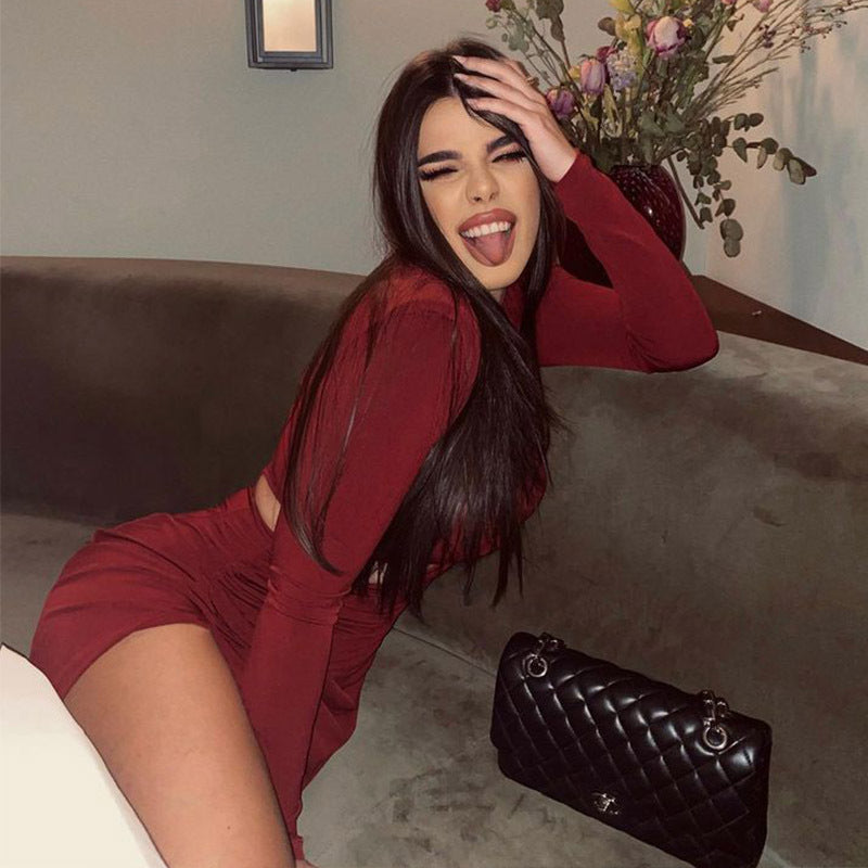 Red Cutout Dress for Women | Round Neck, Long Sleeve, High Slit, Retro Slim Fit | noémi