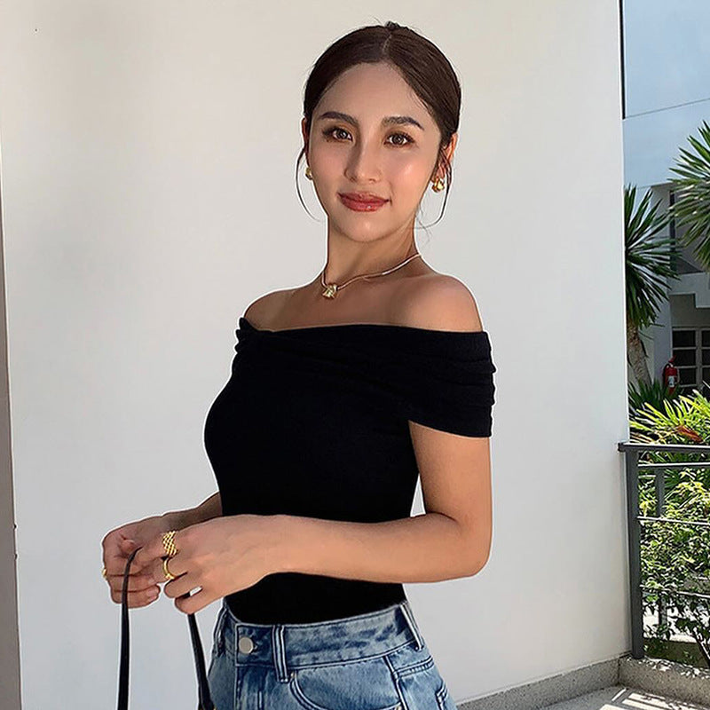 Off Shoulder Twist Front Top | Slim Fit Bardot Tee in Black or White | noémi