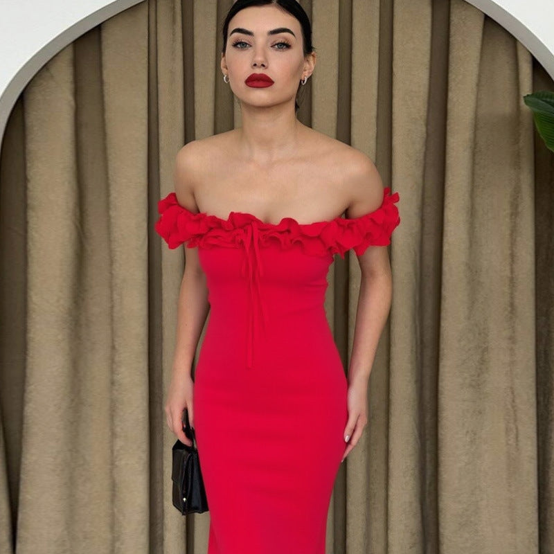 Off Shoulder Ruffle Bodycon Maxi Dress | noémi