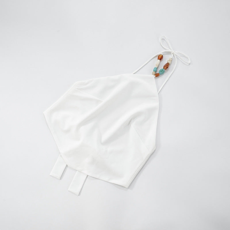 White Halter Tie Back Top with Gemstone Beaded Neck | noémi